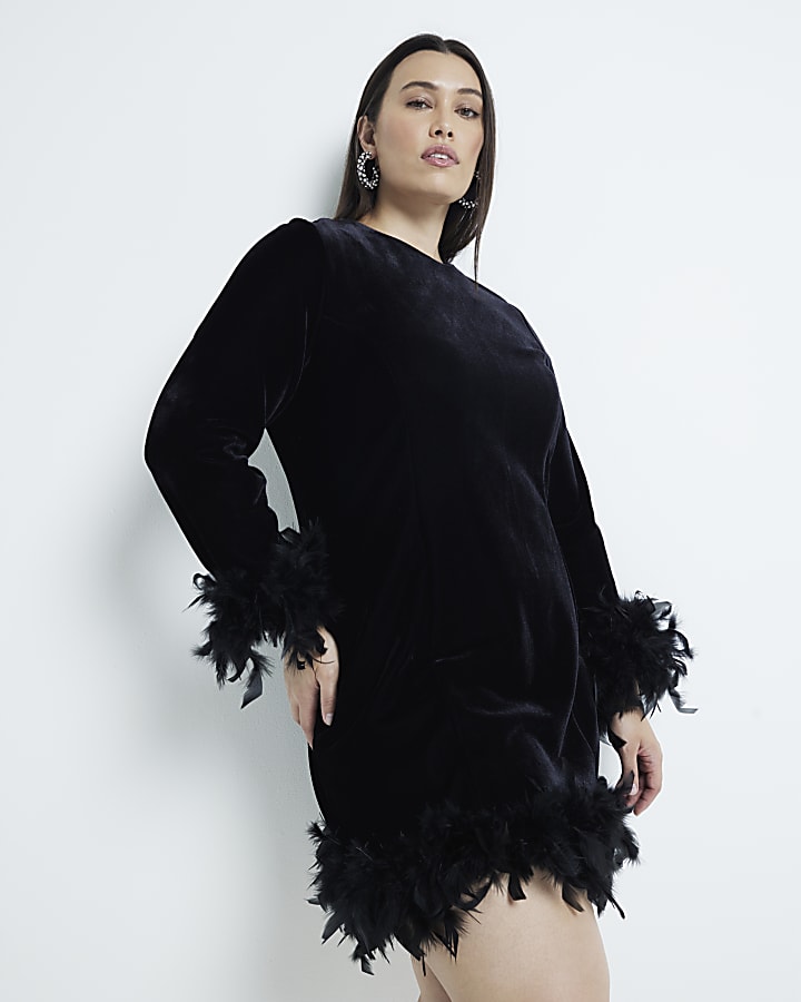 Plus Black Velvet Feathered Hem Dress