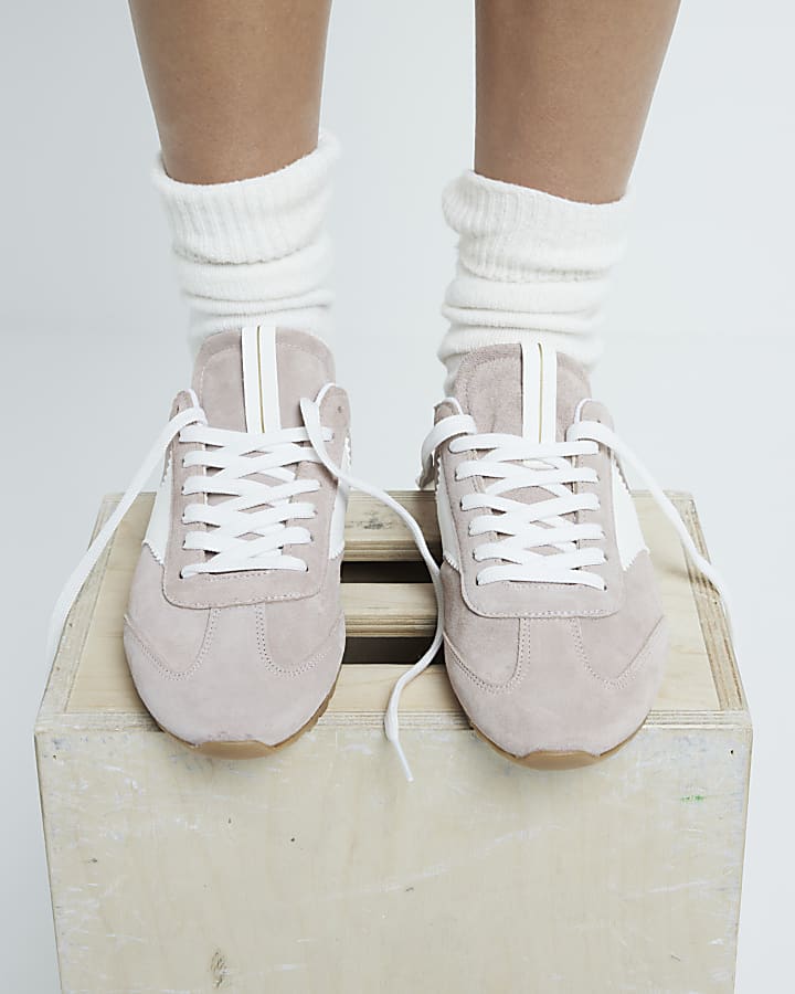 Pink Suede Lace Up Gum Sole Trainers River Island