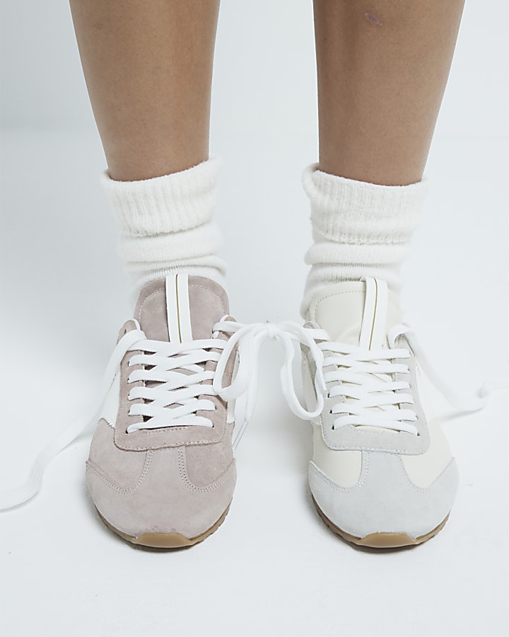 Cream Suedette Lace Up Gum Sole Trainers