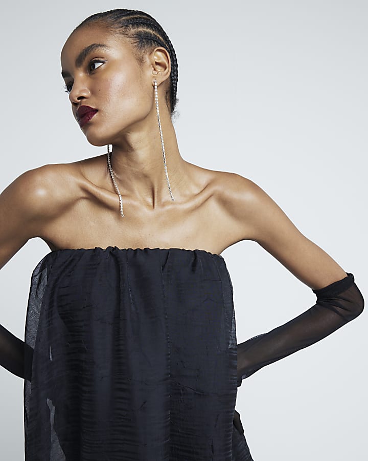 Black Organza Bandeau Bubble Hem Mini Dress