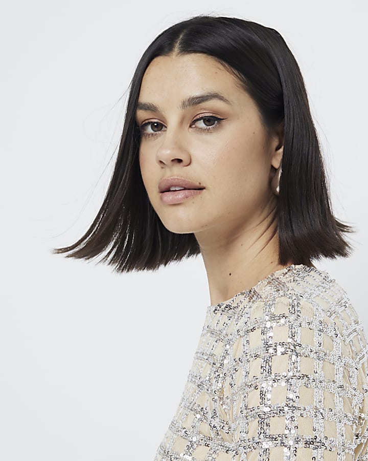 Gold Long Sleeve Check Sequin Top