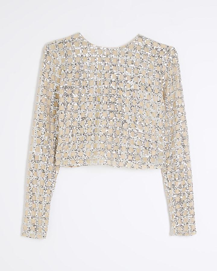 Gold Long Sleeve Check Sequin Top