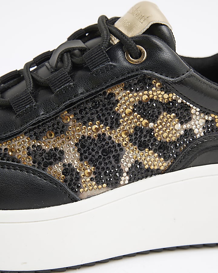 Black Leopard Print Lace Up Trainers