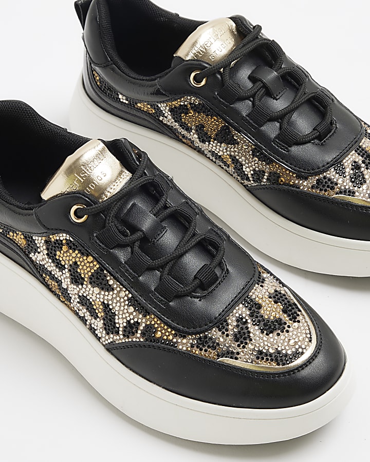 Black Leopard Print Lace Up Trainers