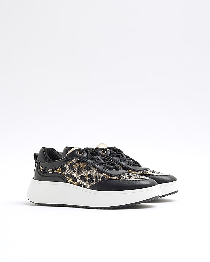 Black Leopard Print Lace Up Trainers