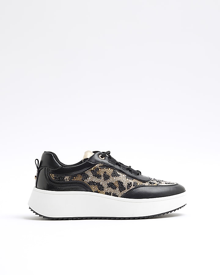 Black Leopard Print Lace Up Trainers