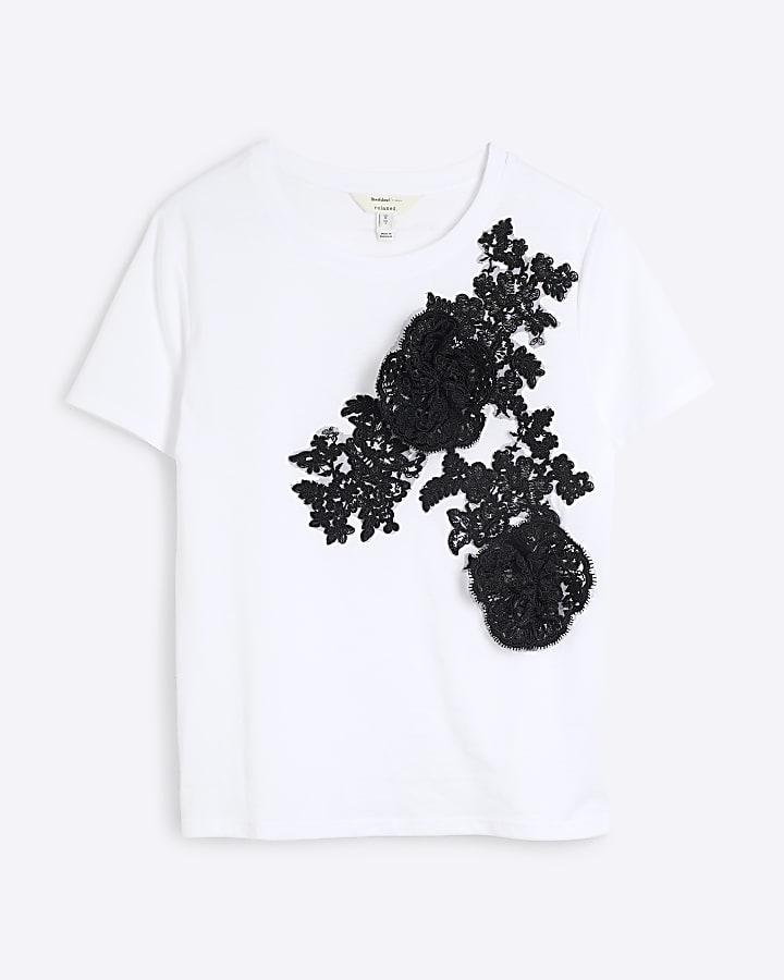 White Lace Applique Flower T-shirt