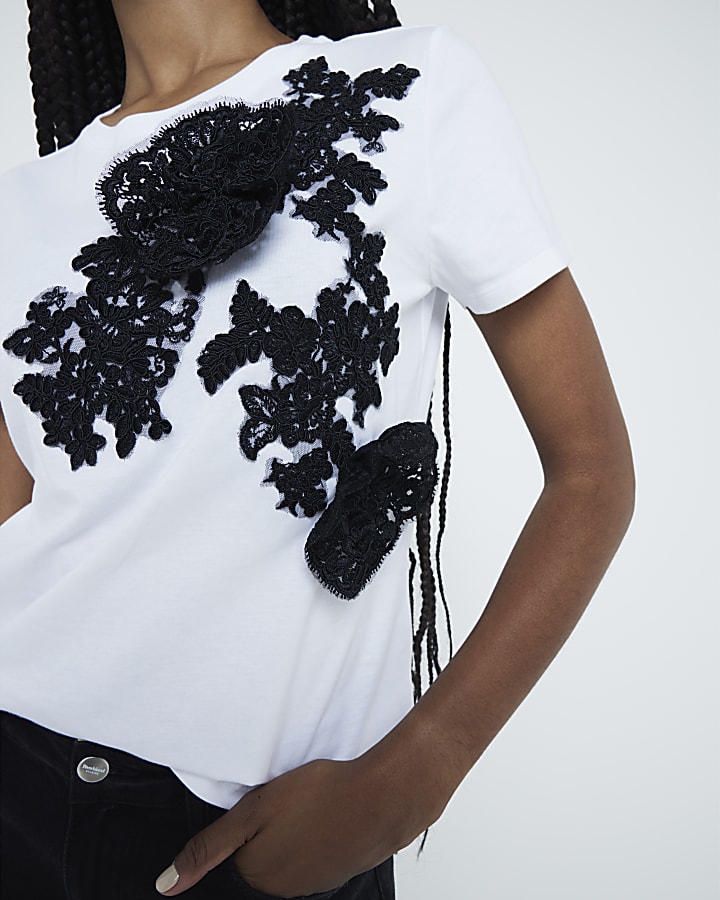 White Lace Applique Flower T-shirt