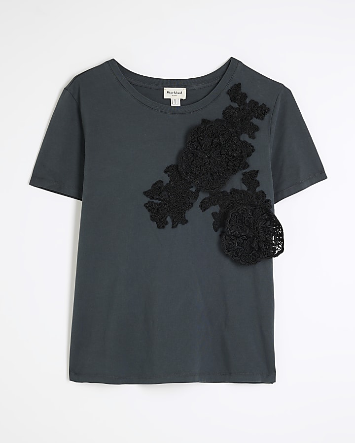 Grey Lace Applique Flower T-Shirt