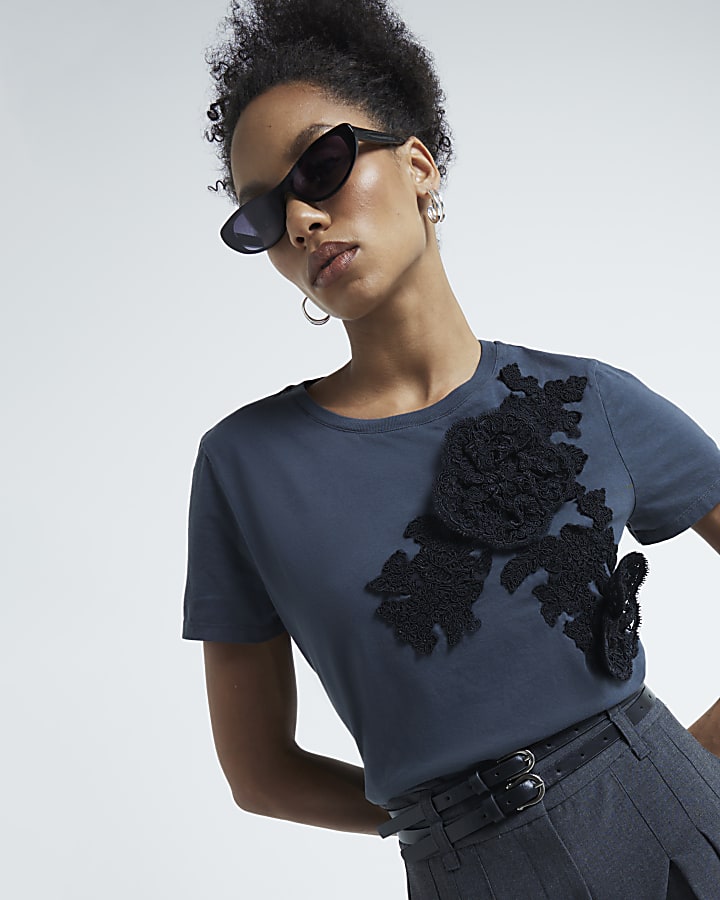 Grey Lace Applique Flower T-Shirt