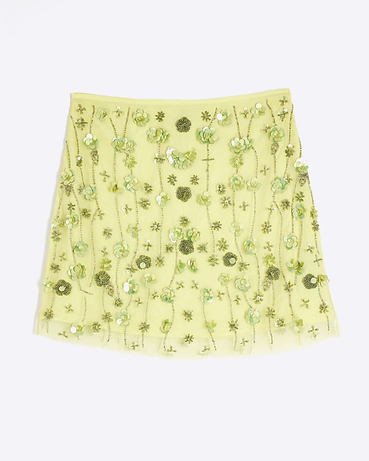 Yellow Floral Embellished Sequin Mini Skirt