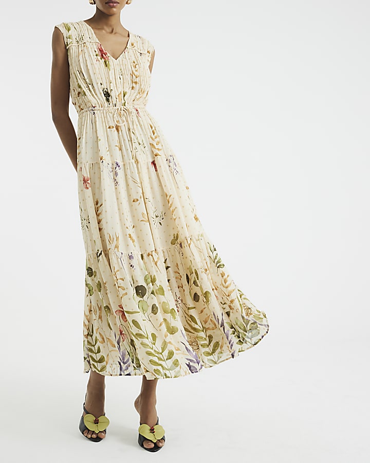 Cream Floral Shirred Midi Dress