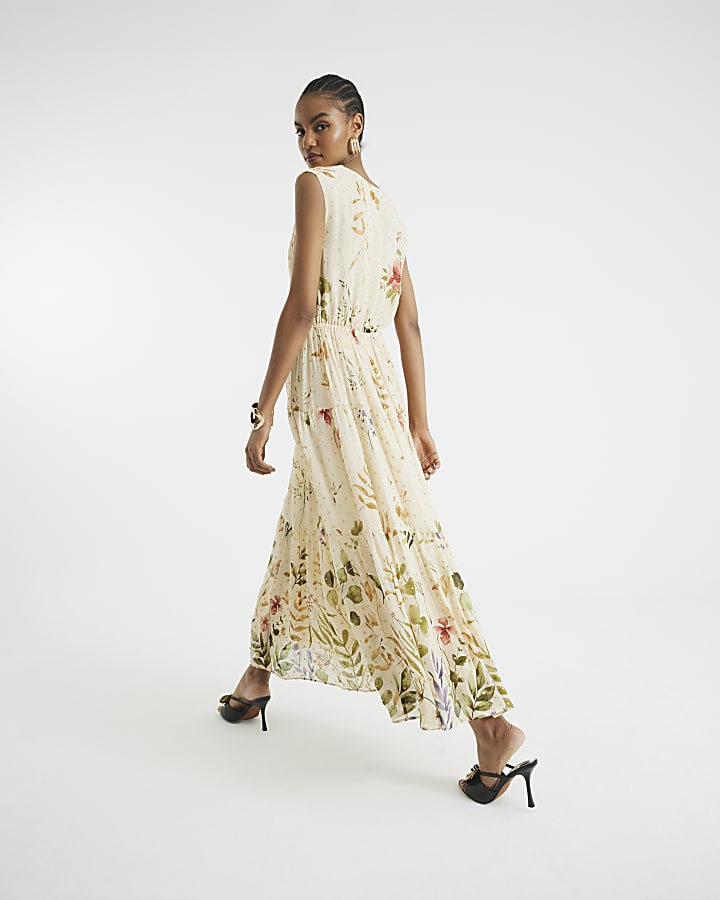 Cream Floral Shirred Midi Dress