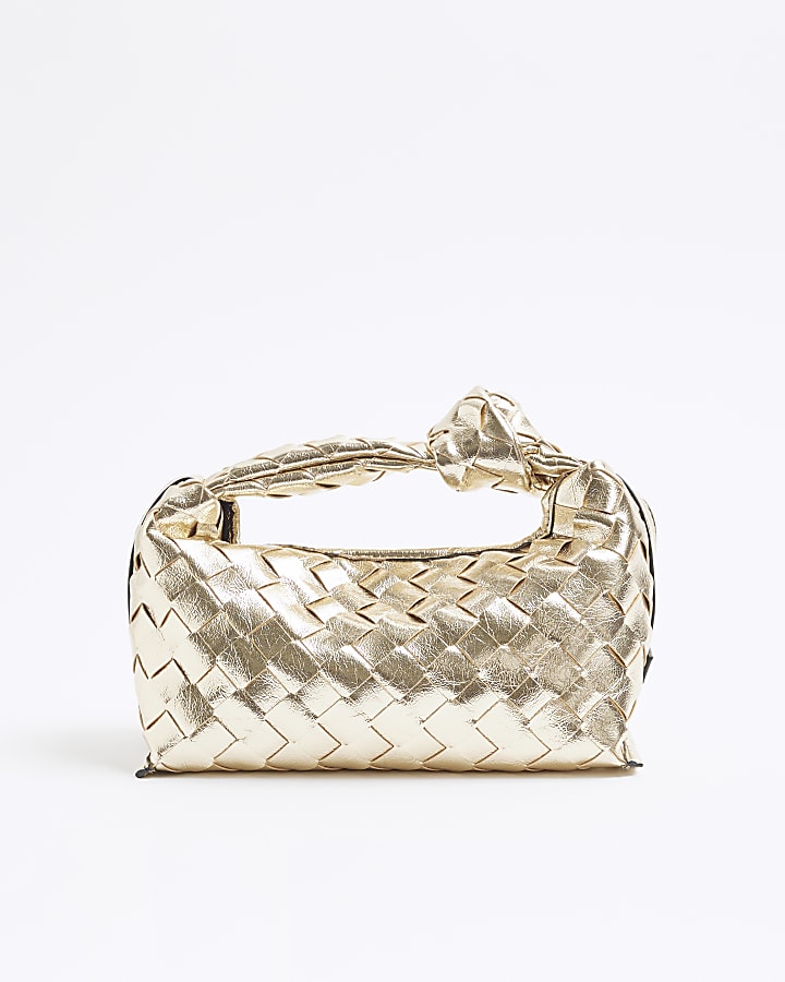 Gold Faux Leather Knot Woven Clutch Bag