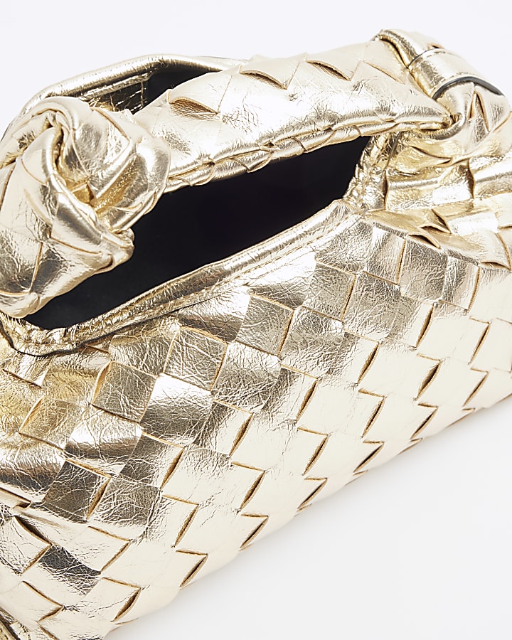 Gold Faux Leather Knot Woven Clutch Bag