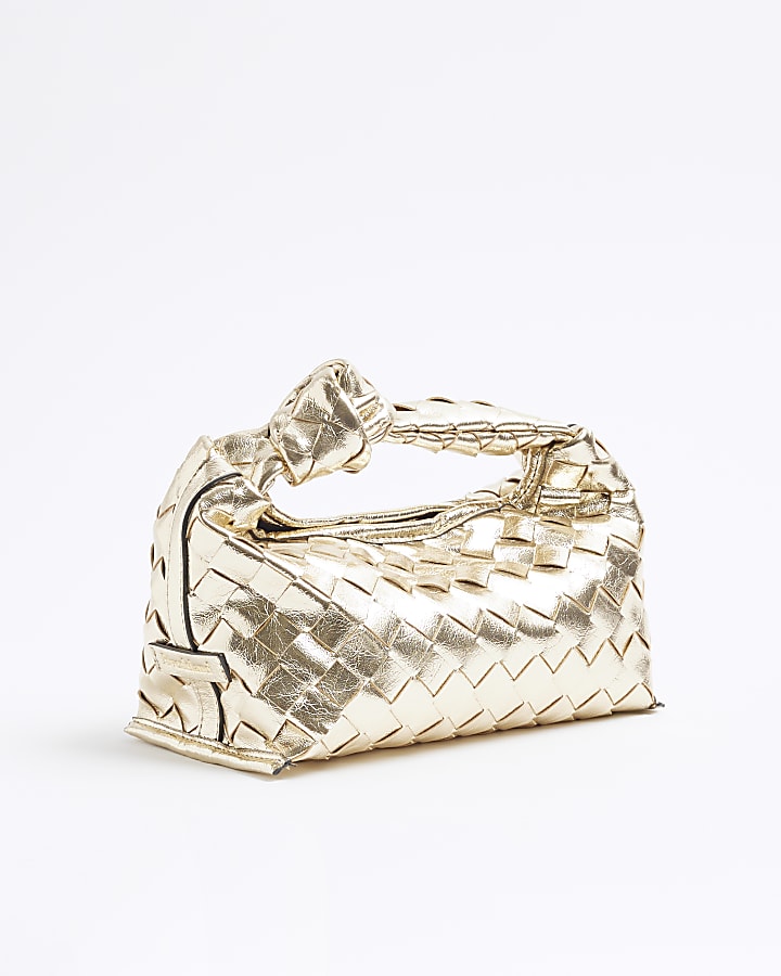 Gold Faux Leather Knot Woven Clutch Bag