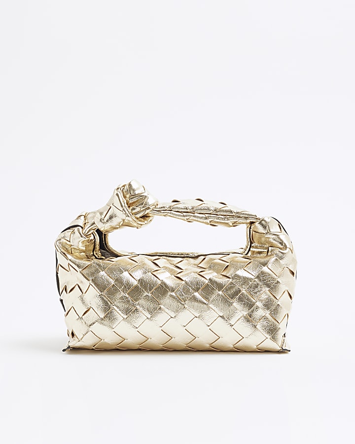 Gold Faux Leather Knot Woven Clutch Bag