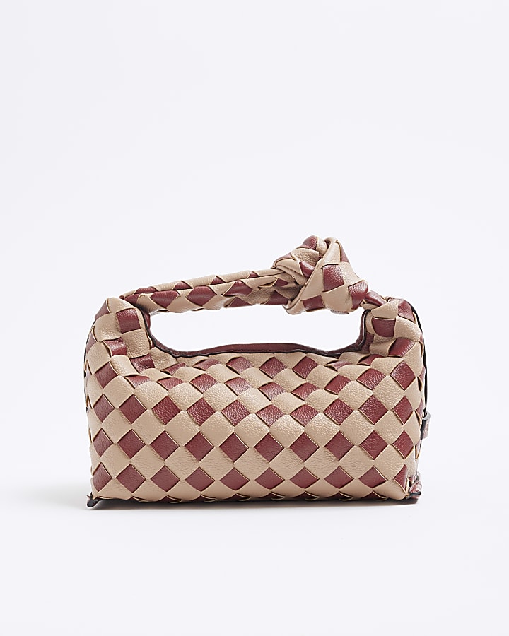 Red Faux Leather Knot Woven Clutch Bag