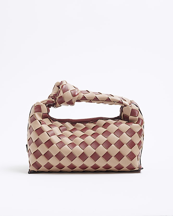 Red Faux Leather Knot Woven Clutch Bag