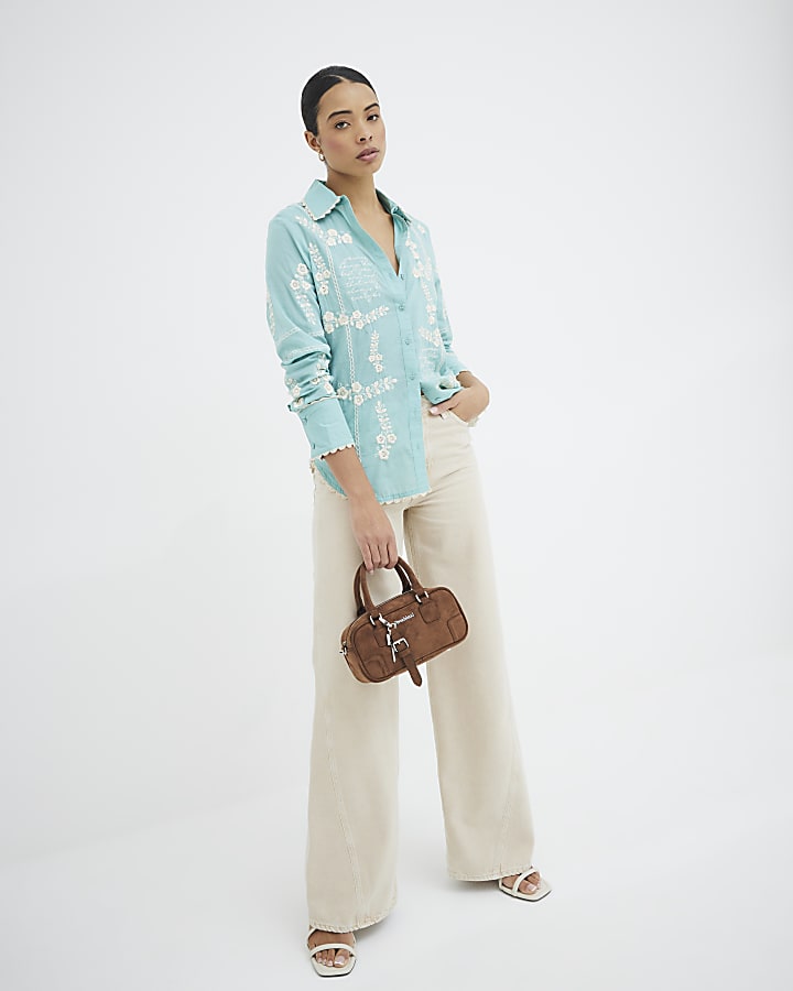 Blue Floral Script Embroidered Shirt