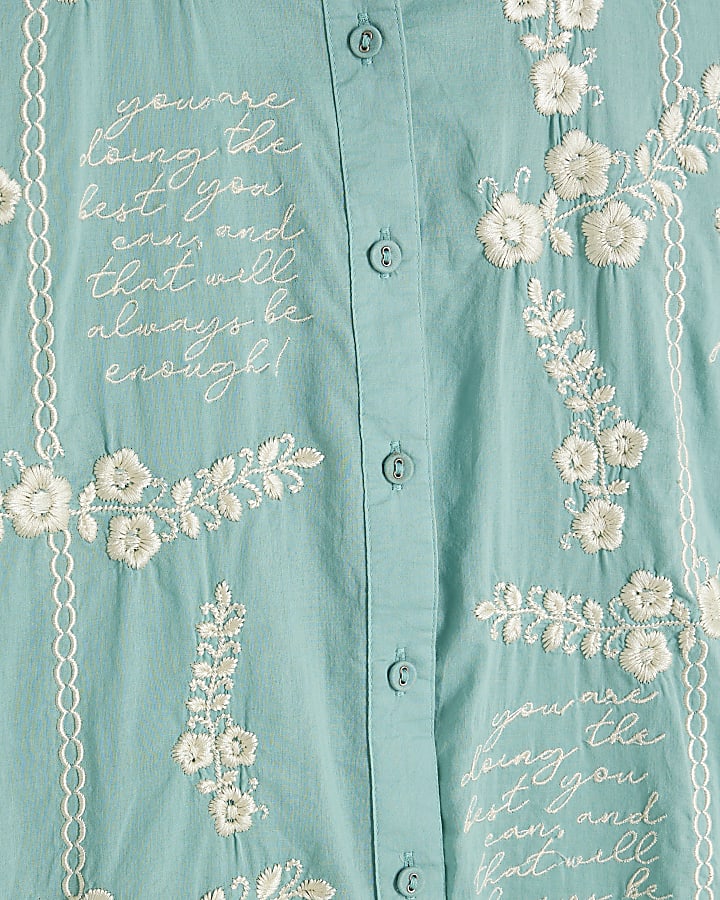 Aqua Floral Script Embroidered Shirt