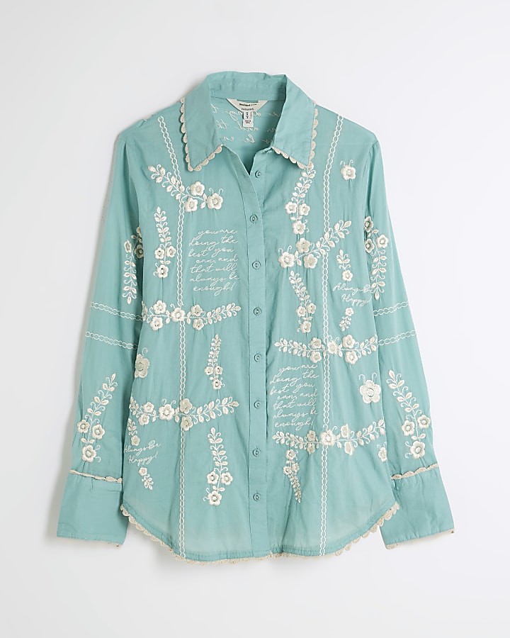 Aqua Floral Script Embroidered Shirt