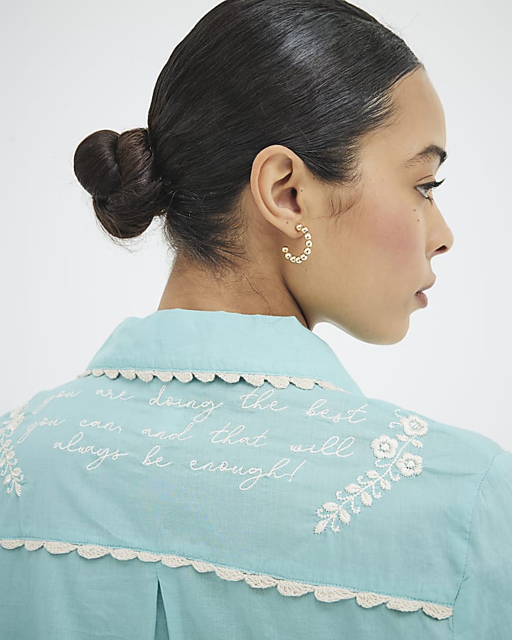 Aqua Floral Script Embroidered Shirt