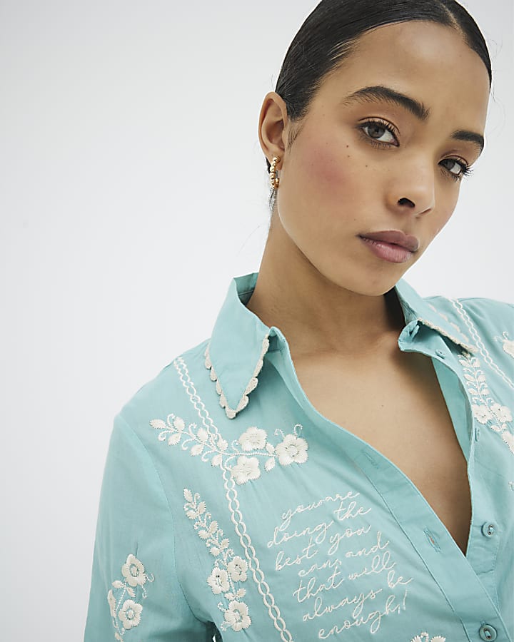 Aqua Floral Script Embroidered Shirt