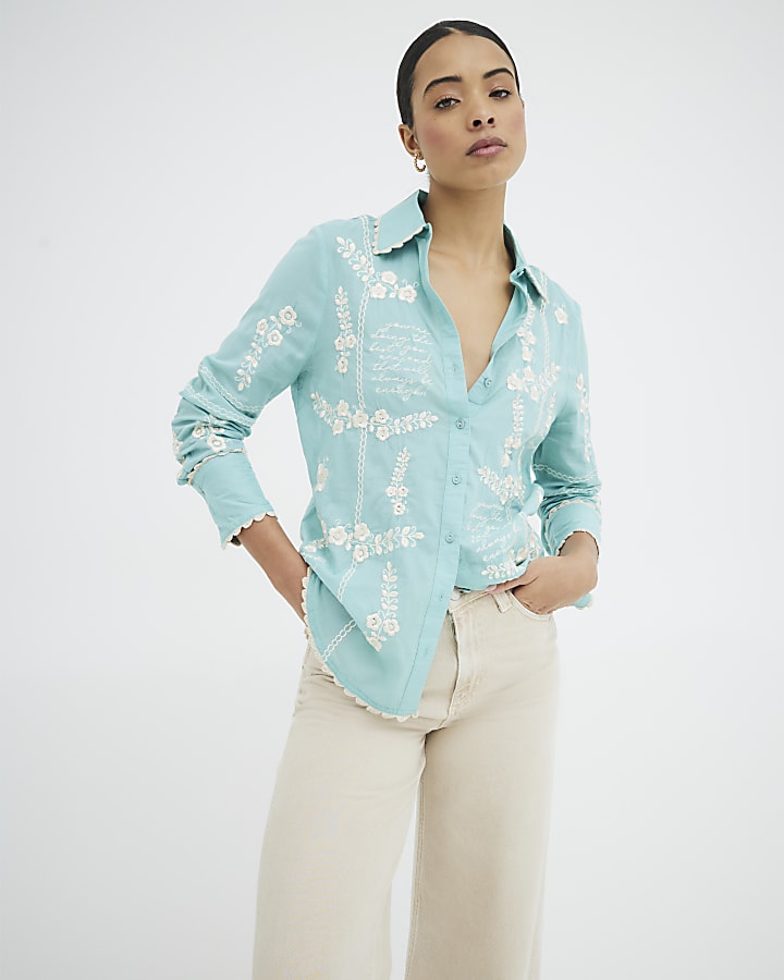 Aqua Floral Script Embroidered Shirt