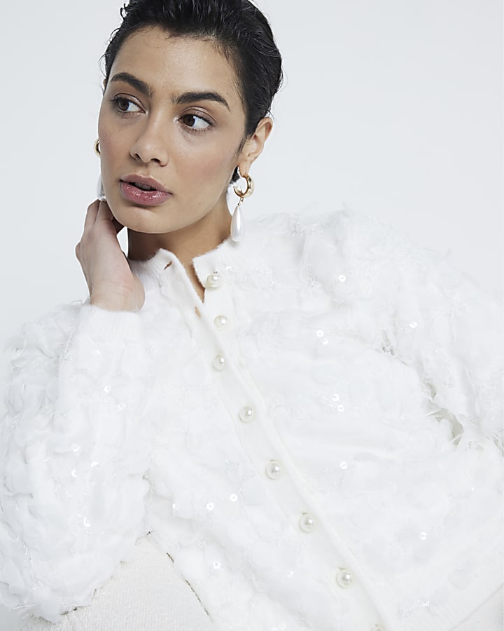 Cream Long Sleeve Sequin Cardigan