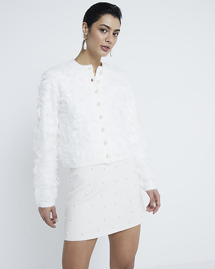 Cream Long Sleeve Sequin Cardigan