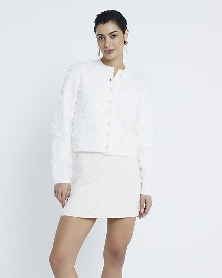 Cream Long Sleeve Sequin Cardigan