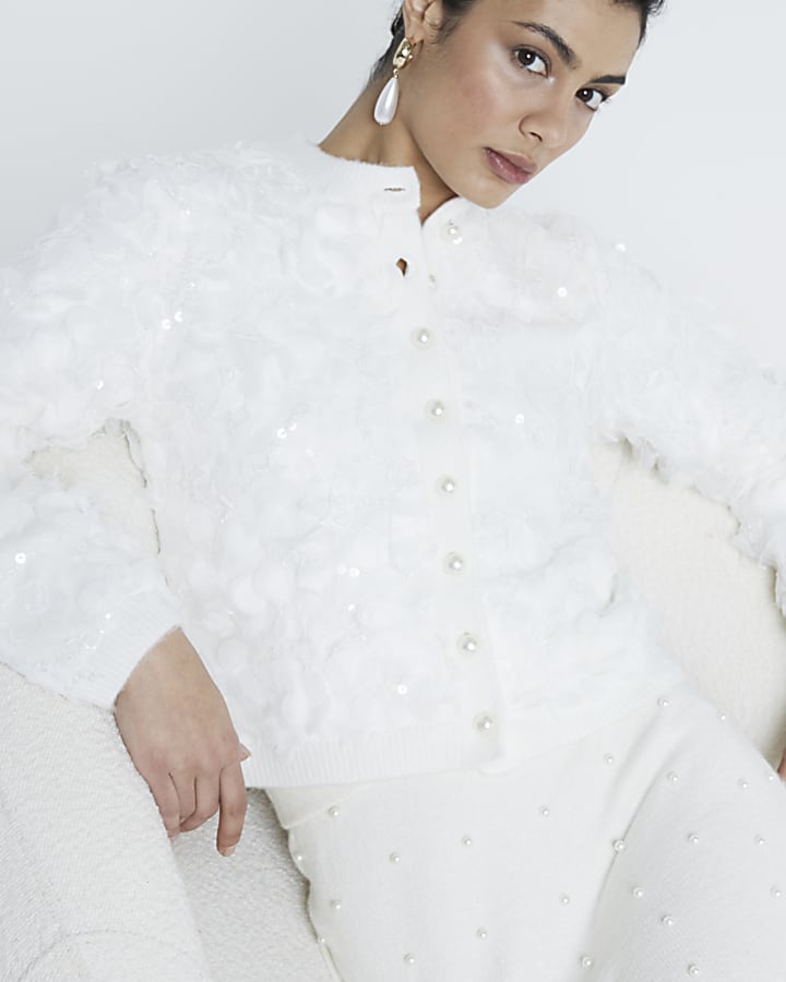 Cream Long Sleeve Sequin Cardigan
