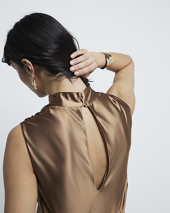 Brown High Neck Cowl Bodysuit