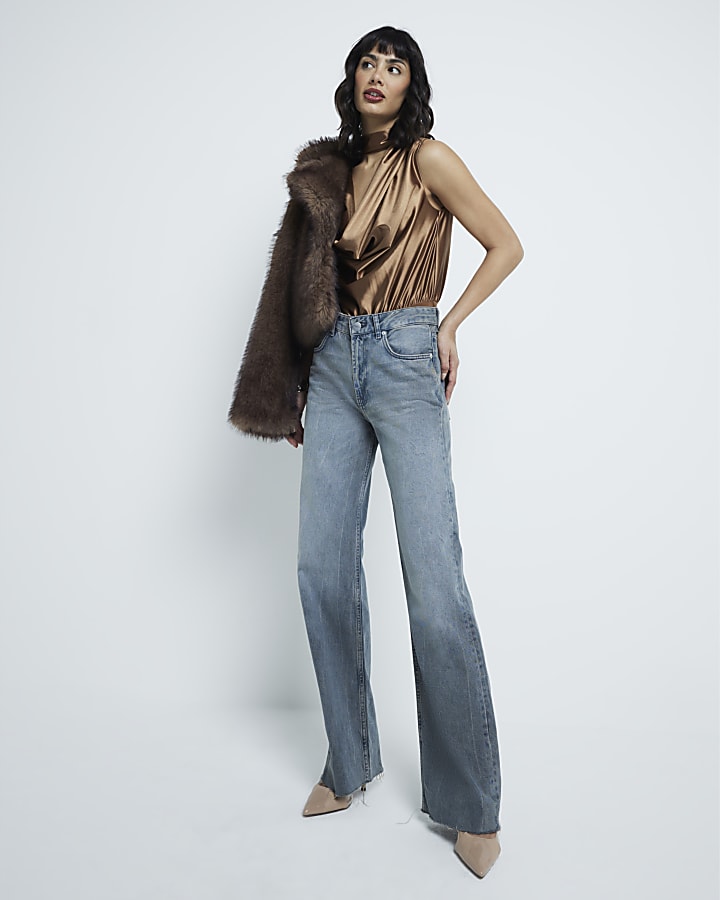 Brown High Neck Cowl Bodysuit
