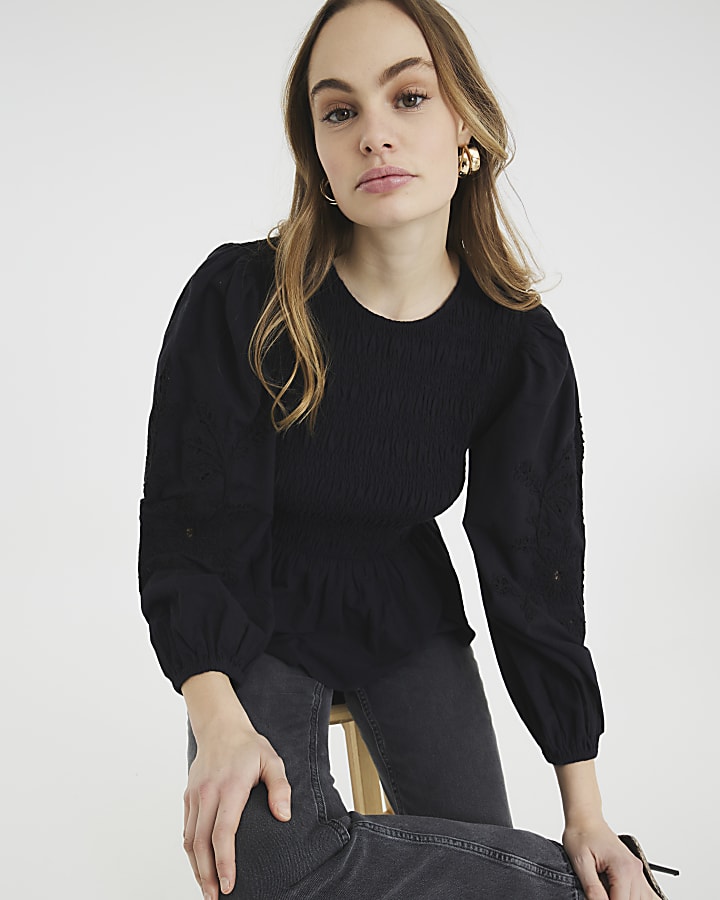 Black Long Sleeve Shirred Bodice Top