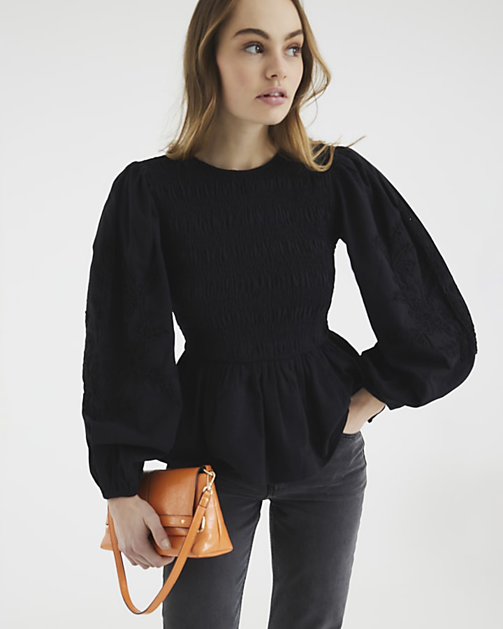 Black Long Sleeve Shirred Bodice Top