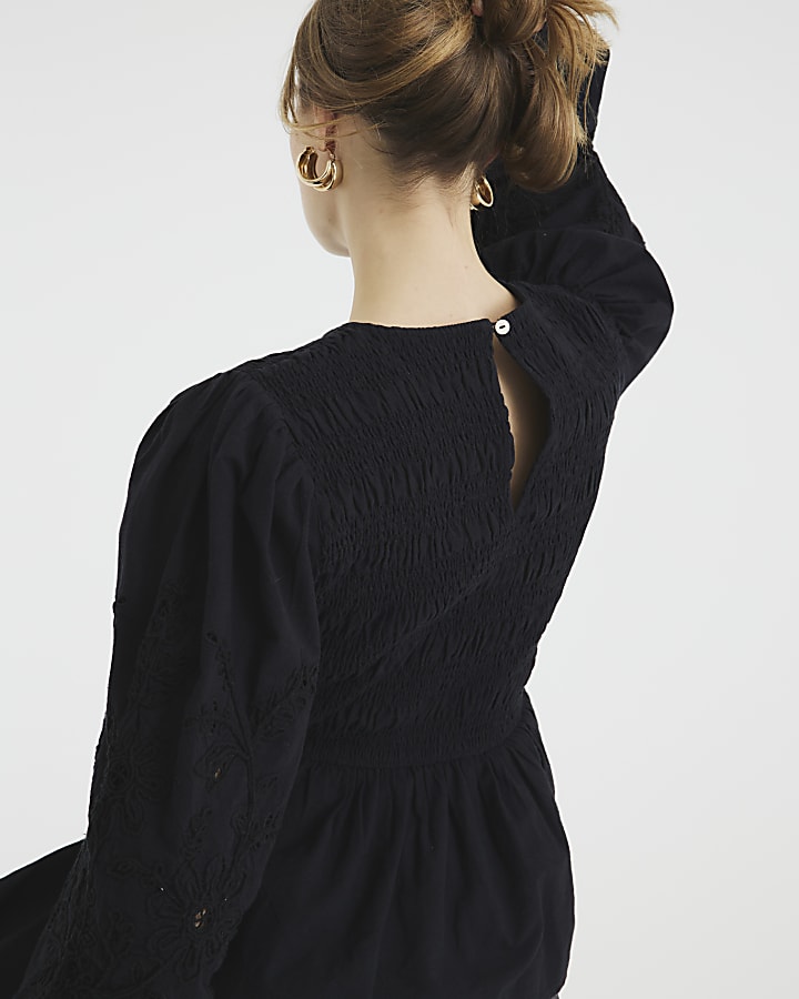 Black Long Sleeve Shirred Bodice Top