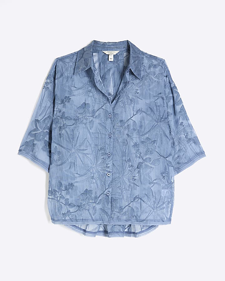 Blue Short Sleeve Embroidered Oversized Shirt