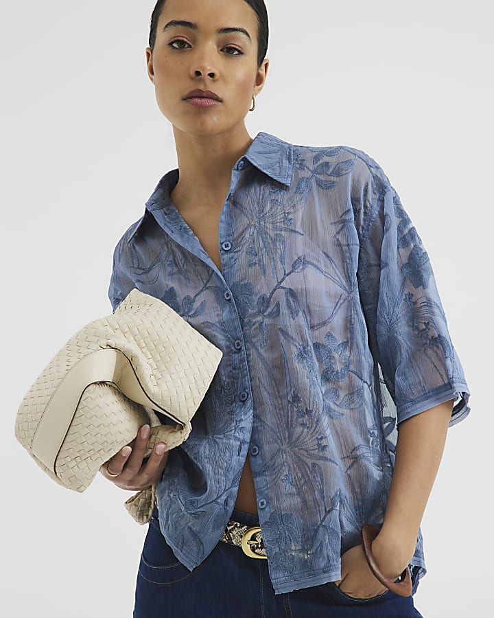 Blue Short Sleeve Embroidered Oversized Shirt