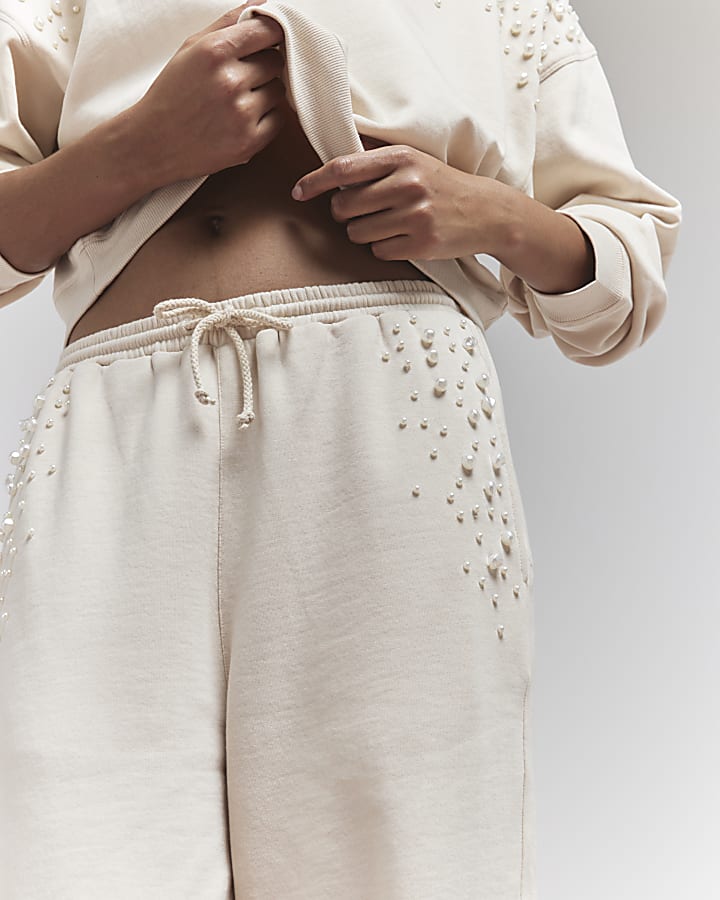 Cream Pearl Embellished Cuffed Joggers
