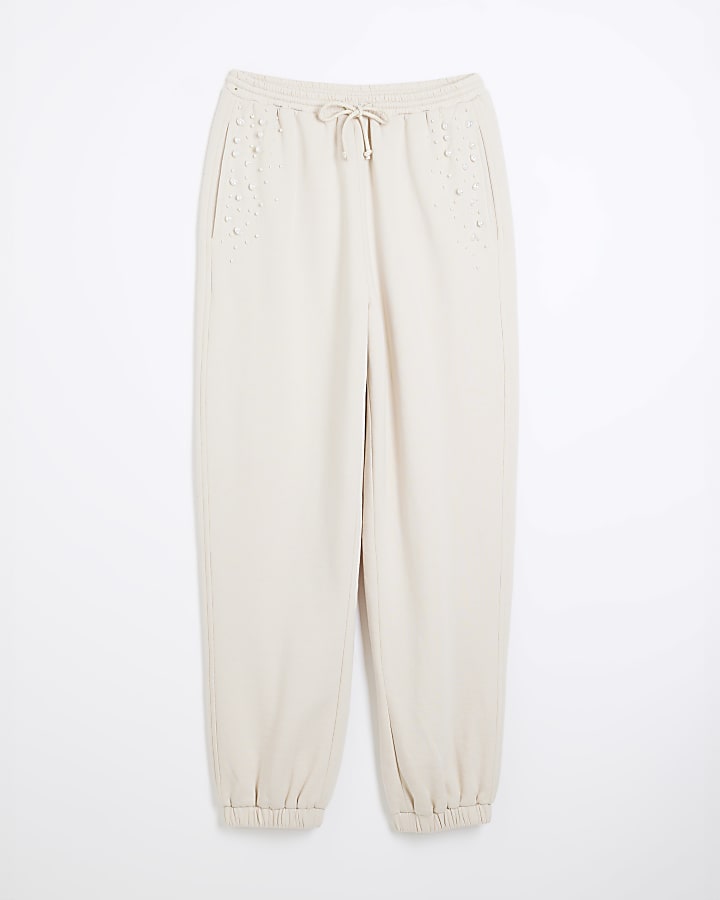 Cream Pearl Embellished Cuffed Joggers