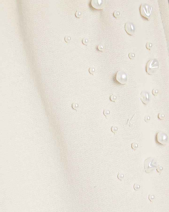Cream Pearl Embellished Cuffed Joggers