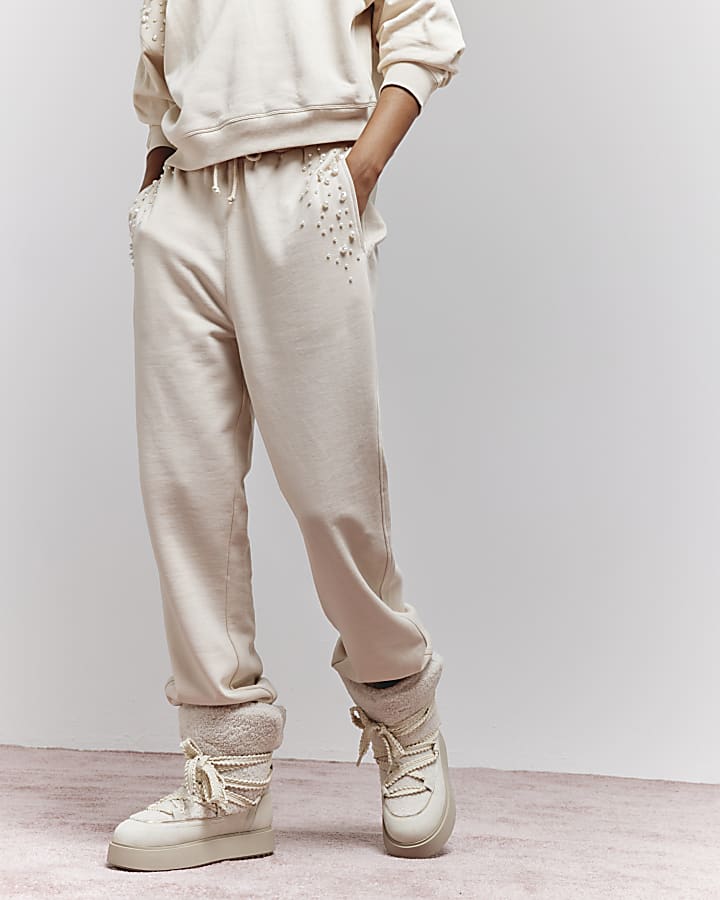 Cream Pearl Embellished Cuffed Joggers