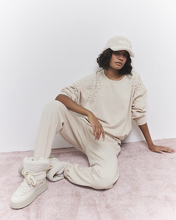 Cream Pearl Embellished Cuffed Joggers
