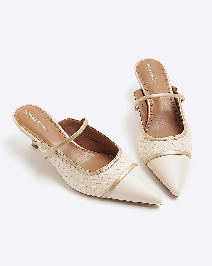 Cream Woven Ankle Strap Court Heels