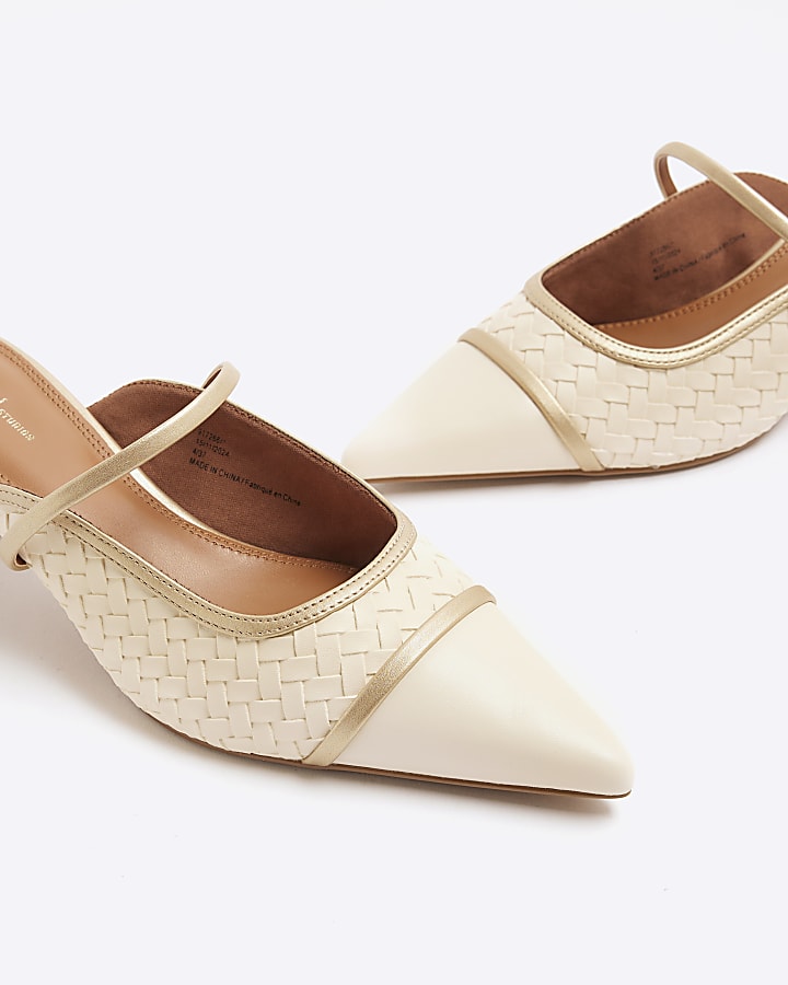 Cream Woven Ankle Strap Court Heels