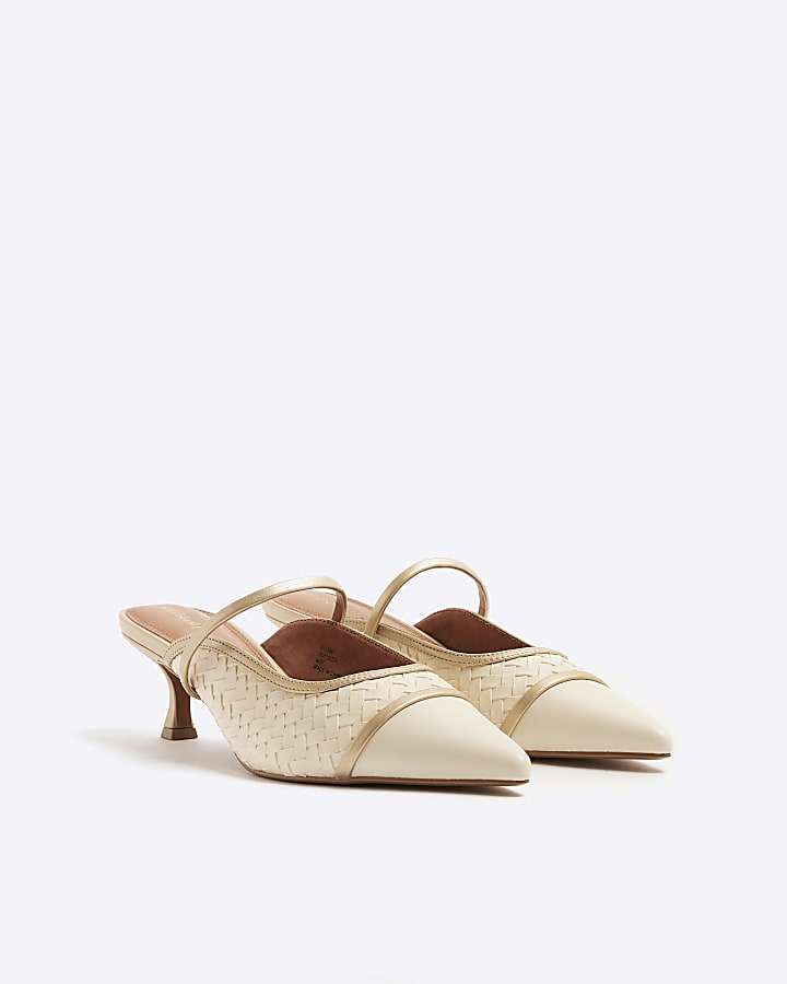 Cream Woven Ankle Strap Court Heels