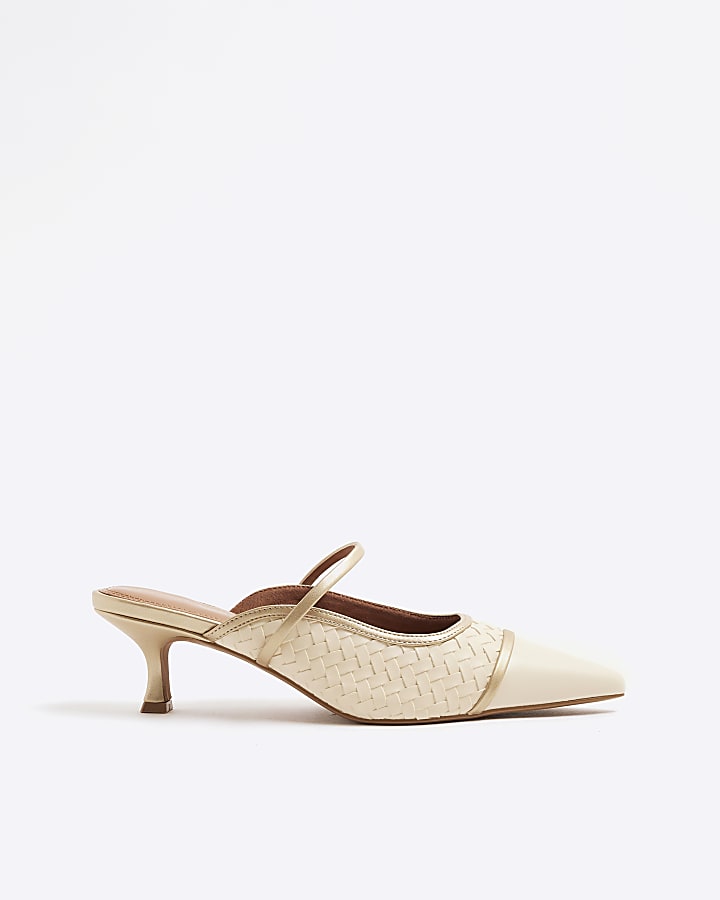 Cream Woven Ankle Strap Court Heels