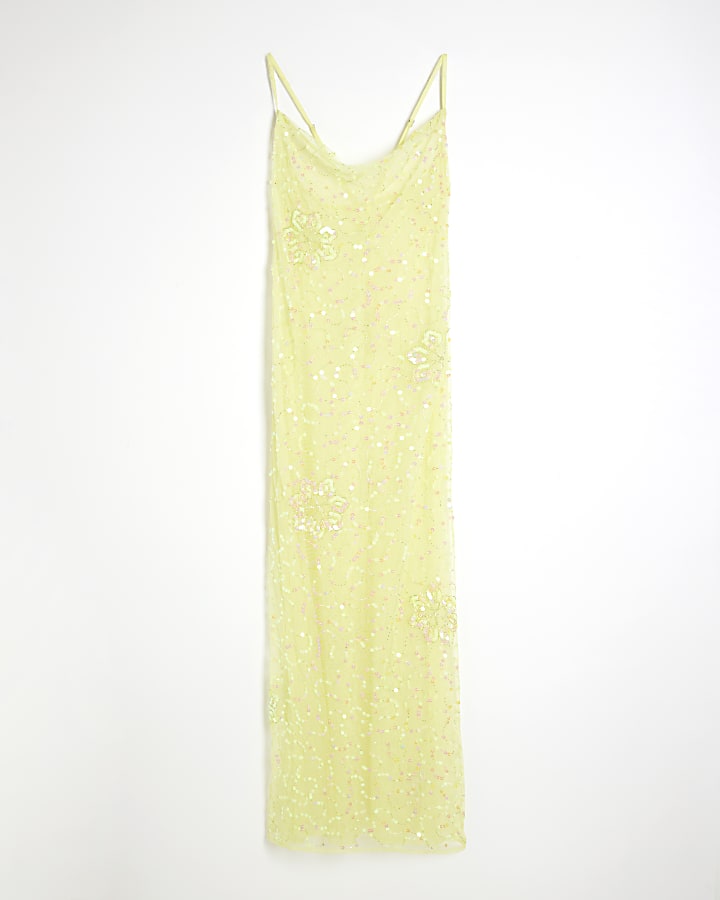 Lime Sequin Cowl Neck Sheer Beach Maxi Dress